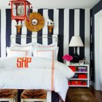 sam-allen-striped-bedroom-walls-antelope-carpet-rug-karistan-colleen-company-pagoda-leontine-monogram-scalamandre-tigre-sunburst-mirror-gold