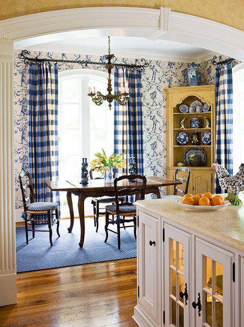 Blue White Toile Buffalo Plaid, French Country Toile Curtains