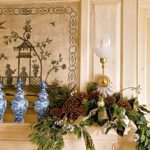 chinoiserie-blue-and-white-fireplace-mantle-garland-holday-pine-cones