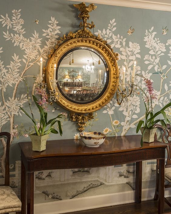 gracie-wallpaper-hand-painted-chinoiserie-dining-room-federal-convex-mirror