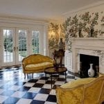marble-fireplace-chinoiserie-wallpaper-hand-painted-french-doors-mouldings-historic-home