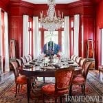 red-dining-room-baccarat-crystal-chandelier-antiques-modern-art-damask-upholstery