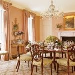 mario-buatta-pink-dining-room-stark-carpet-trellis-rug-round-dining-room-table
