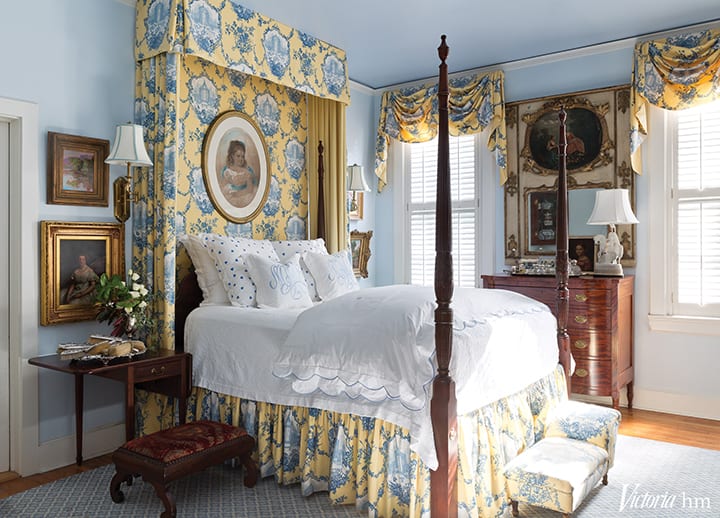 blue-yellow-toile-canopy-tester-bed-porthault-linens-couers-hearts-traditional-bedroom