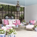 pool-house-haint-blue-ceiling-blue-white-planters-chaise-lantern-cb2-coffee-table-madeline-weinrib-manuel-canovas-fabric-pillows