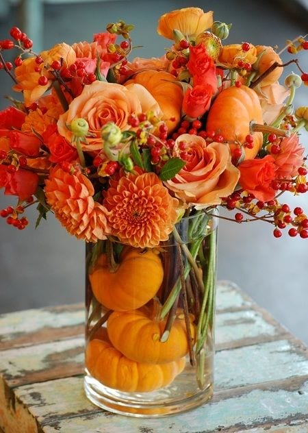 Harvest Delight Cream Peony Amber Boxwood & Pumpkin Fall Arrangement Centerpiece in Etched Gold Vase