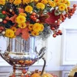 fall-flower-arrangment-silver-champagne-bucket-pumpkins