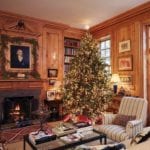 james-carter-mountain-brook-alabama-wood-paneled-library-fireplace-oil-painting-traditional-christmas-tree-fire