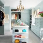 lacquered-robins-egg-blue-luxury-closet-island-built-ins-custom-lucite-hanging-rods-clothes