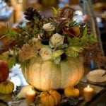 pumpkin-vase-tablescape-flowers-white-roses-gourds
