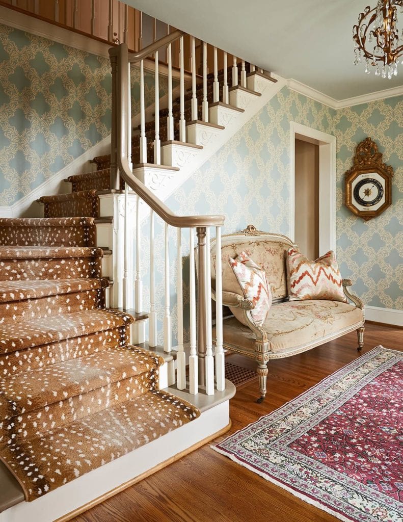 Stark Antelope Carpet Rug Stair Runner Staircase Persian Entryway Foyer French Settee Crystal Chandelier The Glam Pad