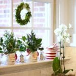 Holiday-Kitchen-Window-display-laura trevey-vintage-santa-mugs-silver-bells-christmas-wreaths