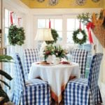 french-country-kitchen-breakfast-nook-blue-white-buffalo-plaid-check-wreaths-hanging-on-windows-persian-rug