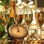new-years-glassware-champagne-flutes-clock-streamers-gold-elegant-decorating-ideas-party