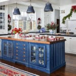 traditional-home-blue-painted-cabinets-kitchen-decorated-for-chistmas-holiday-wreath