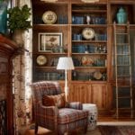 cozy-wood-built-in-bookcases-tartan-plaid-study-family-room-traditional-old-school