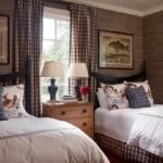 sophisticated-boys-room-guest-room-twin-beds-grasscloth-wallpaper-fish-wildlife-buffalo-check-plaid-curtains