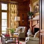 wood-paneled-library-dog-art-quail-meadow-fabric-schumacher-persian-rug