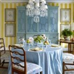 dining-room-miles-redd-botanical-prints-framed-china-hutch-cabinet-crystal-chandelier-traditional-round-table-yellow-white-srripes