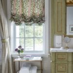 green-guest-bathroom-custom-vanity-cabinetry-zoffany-wallpaper-roman-shade-hill-brown