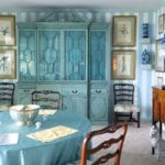 miles-redd-cover-dining-room-round-table-antique-sideboard-breakfront-blue-white-porcelain-botanical-prints-framed