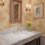 pineapple-wallpaper-powder-room-botanicals-marble-sink-brass-gold