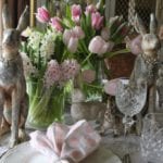 easter-tablescape-rabbits-crystal-pink-polka-dot-napkins-tulips-flowers