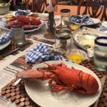 lobster-bake-newspaper-tablescape-blue-white-gingham-napkins-pioneer-linens-fourth-of-july-palm-beach