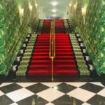 the-greenbrier-hollywood-regency-glamour-banana-leaf-brazilliance-wallpaper-black-white-marble-checkerboard-floor