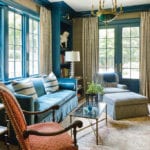 Patti-B-Flower-magazine-peacock-blue-lacquered-paint-family-living-room-velvet-sofa