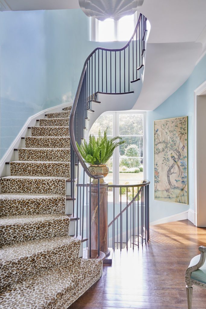 Meg Braff Leopard Stark Carpet Stair Runner Robins Egg Blue Lacquered Paint Walls The Glam Pad - How To Paint Walls Next Carpeted Stairs