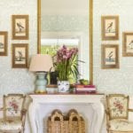 meg-braff-long-island-main-hall-veranda-Louis XVI-mirror-aviary-bird-prints-damask-console-colefax-fowler-chintz
