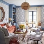 meg-braff-long-island-media-room-veranda-katie-ridder-wallpaper-blue-white-velvet-sofa-coral-brass-coffee-table