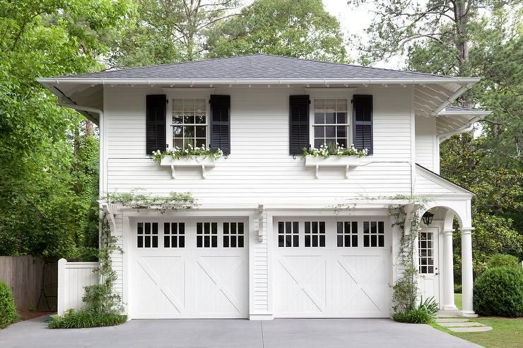 white-house-black-shutters-window-box-pretty-garage-doors - The Glam Pad.