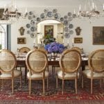 antique-delftware-french-chairs-blue-and-white-plates-persian-rug-dining-room-crystal-chandeliers