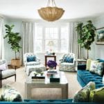floral chintz fiddle-leaf figs walls painted sky blue Benjamin Moore Whispering Spring den