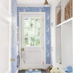 quadrille-arbor-de-matisse-blue-white-wallpaper-mudroom-laundry-room-utility-dog-bowls-indigo-home-baskets