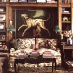 traditional-library-dog-art-chintz-wood-paneled-persian-rug