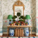 Caroline Gidiere Schumacher Madame de Pompadour wallpaper Chinoiserie Alabaster blue and white porcelain topiaries topiary collection