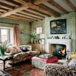plum-sykes-english-country-home-exposed-beams-William Morris Willow Boughs wallpaper Arts and Crafts exposed beams