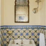 vintage art deco border tiles Solar Antique Tile Simon Palayle yellow and white striped wallpaper Vaughan sconce antique mirror sink and fittings Drummonds