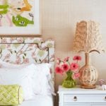 ellen-kavanaugh-interiors-wicker-lamp-shade-faux-bamboo-nightstand-floral-monogrammed-linens-bedroom-palm-beach-chic