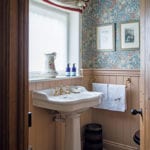 english-powder-room-louise-jones- William Morris Golden Lily wallpaper Sanderson, SC239 boarding paint Papers and Paints