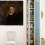 anne-wagoner-kitchen-artwork-antique-portrait-vignette-blue-painted-doors-china-pantry
