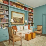 home-library-study-office-books-built-ins-sofa-blue-turquoise-robins-egg-painted-cabinets