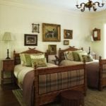 Boys-Room-jack-fhillips-dog-art-twin-beds-faux-bamboo-plaid-upholstery-striped-wallpaper