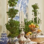 Citrus Tablescape oranges cloves holiday christmas blue white ginger jar topiaries josh pickering sterling silver tea pot