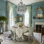 Nashville show house southern living Becky Boyle dining room gracie wallpaper handpainted chinoiserie hand painted blue bamboo cowtan tout blue white buffalo check table skirt ruffled crystal chandelier swans of fifth avenue
