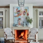 abstract-art-above-fireplace-blue-white-porcelain-lauren-deloach