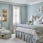 blue-white-bedroom-traditional-oil-paintings-gold-framed-sunburst-mirror-creamware-plates-on-wall-gingham-buffalo-check-print-atlanta
